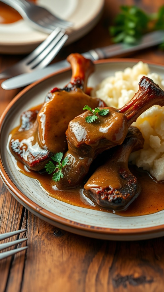 Tender steak tips in gravy on a plate with mashed potatoes and parsley garnish.